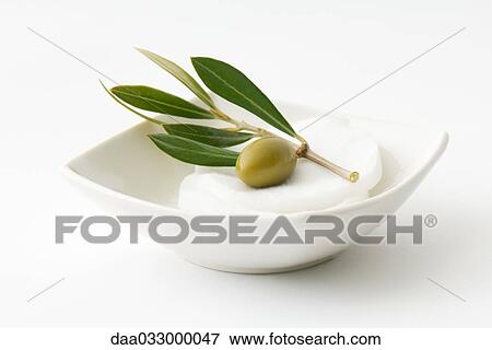 Stock Photo - Green olive and sprig on cotton cosmetic pad in small dish. Fotosearch