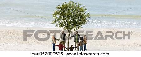 Stock Photography - Group holding hands in circle around solitary tree on beach. Fotosearch