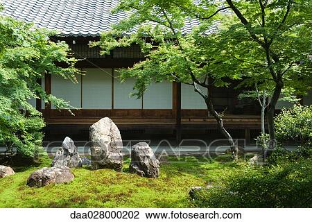 Japanese rock garden, traditional building in background View Large Photo Image Stock Image - Japanese rock garden, traditional building in background. Fotosearch