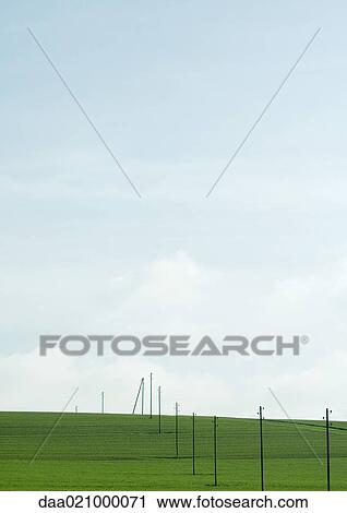 Line of electric posts in green field View Large Photo Image Stock Image - Line of electric posts in green field. Fotosearch