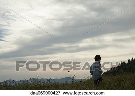 Stock Photo - Little boy running on meadow, rear view. Fotosearch