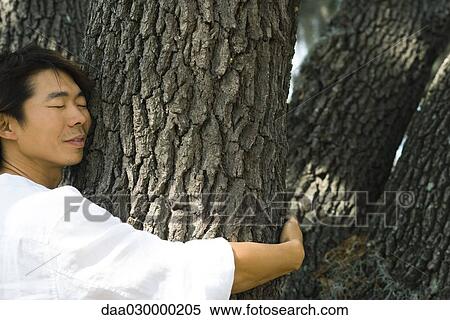Man hugging tree trunk, eyes closed View Large Photo Image Stock Photography - Man hugging tree trunk, eyes closed. Fotosearch