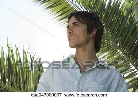 Man looking away, smiling, palm fronds in background View Large Photo Image Stock Photo - Man looking away, smiling, palm fronds in background. Fotosearch
