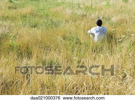 Man sitting in field, rear view View Large Photo Image Stock Photograph - Man sitting in field, rear view. Fotosearch