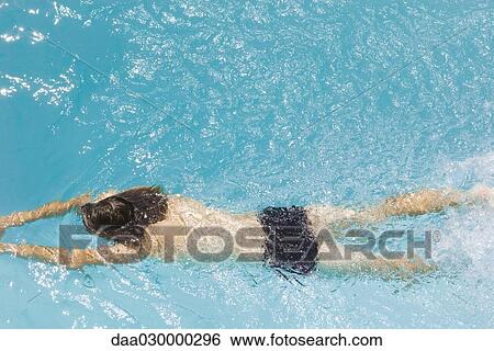 Man swimming underwater in pool, high angle view View Large Photo Image Stock Photograph - Man swimming underwater in pool, high angle view. Fotosearch