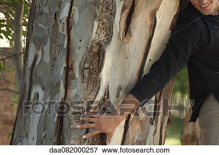 Stock Photo - Man touching tree trunk, cropped. Fotosearch