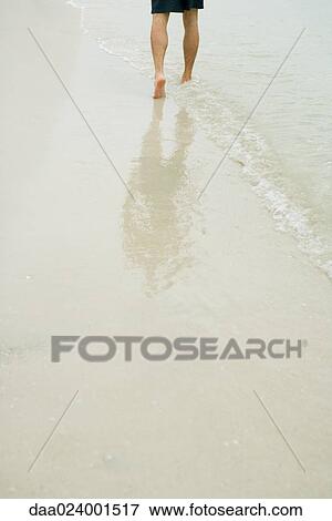Stock Photo - Man walking in surf, rear view, knee down. Fotosearch