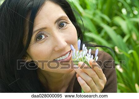 Stock Photography - Mature woman smelling flower, smiling at camera, close-up. Fotosearch