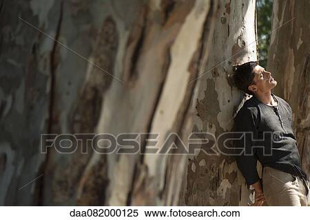 Mid-adult man leaning against tree trunks View Large Photo Image Stock Photography - Mid-adult man leaning against tree trunks. Fotosearch