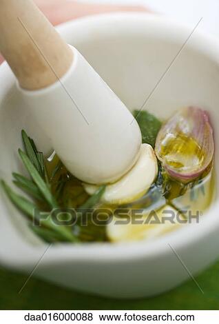 Mortar and pestle with herbs, olive oil and garlic View Large Photo Image Stock Photo - Mortar and pestle with herbs, olive oil and garlic. Fotosearch