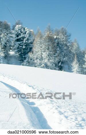 Stock Photograph - Snow-covered mountainside, focus on tracks in snow. Fotosearch