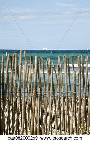 Stock Photo - Tranquil beach scene with bamboo fence in foreground. Fotosearch
