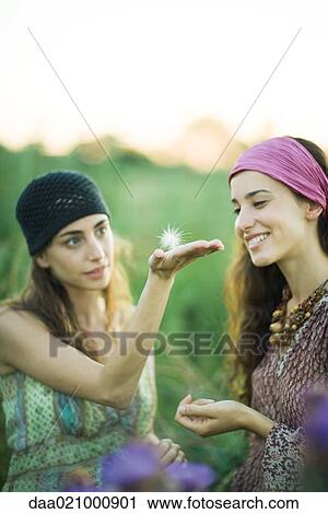 Stock Image - Two young women outdoors, one holding dandelion seed head on palm of hand. Fotosearch