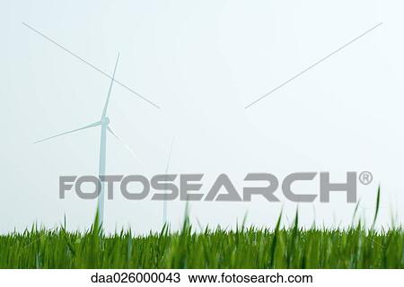 Stock Image - Wind turbines in field of grass. Fotosearch