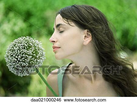 Stock Photograph - Woman and allium flower. Fotosearch