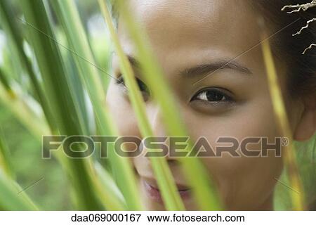 Stock Photo - Woman behind leaves, cropped. Fotosearch