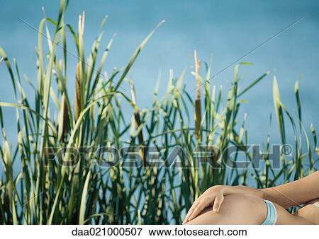 Woman in bikini lying on side with hand on hip, cropped view View Large Photo Image Stock Photo - Woman in bikini lying on side with hand on hip, cropped view. Fotosearch