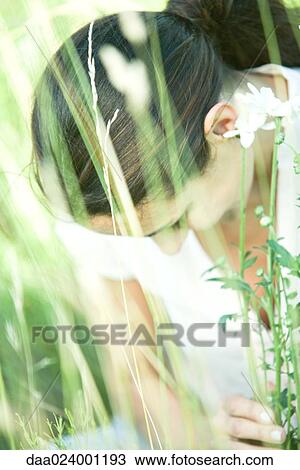 Woman in field, head down View Large Photo Image Stock Image - Woman in field, head down. Fotosearch