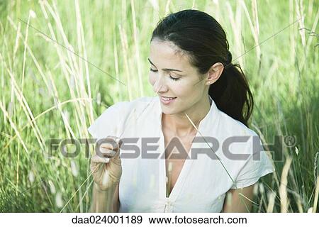 Woman in field, looking at blade of grass View Large Photo Image Stock Photo - Woman in field, looking at blade of grass. Fotosearch