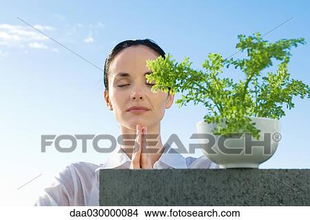 Woman meditating next to plant View Large Photo Image Picture - Woman meditating next to plant. Fotosearch