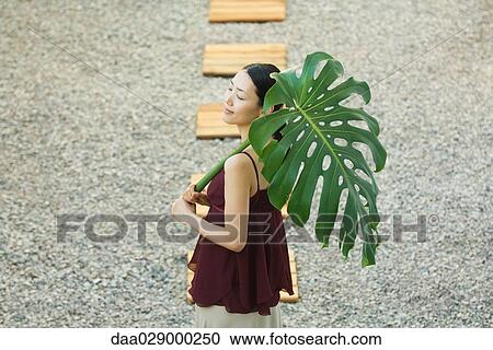 Woman on footpath holding palm leaf, eyes closed, high angle view View Large Photo Image Stock Image - Woman on footpath holding palm leaf, eyes closed, high angle view. Fotosearch