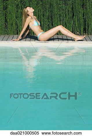 Woman sitting by edge of pool, leaning back with knees up, eyes closed, full length View Large Photo Image Stock Photography - Woman sitting by edge of pool, leaning back with knees up, eyes closed, full length. Fotosearch