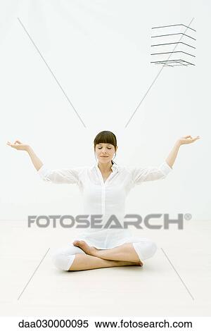 Woman sitting in lotus position with eyes closed, hands raised View Large Photo Image Stock Photography - Woman sitting in lotus position with eyes closed, hands raised. Fotosearch