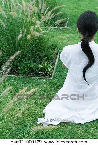 Woman sitting on landscaped lawn, rear view View Large Photo Image Stock Photo - Woman sitting on landscaped lawn, rear view. Fotosearch