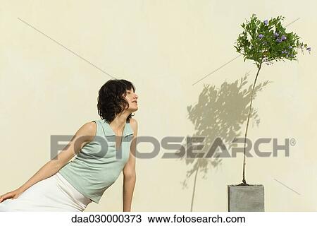 Woman sitting outdoors, leaning toward flowering plant, eyes closed View Large Photo Image Stock Image - Woman sitting outdoors, leaning toward flowering plant, eyes closed. Fotosearch