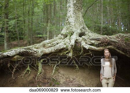 Stock Photo - Woman standing at base of tree in woods, looking away in thought. Fotosearch