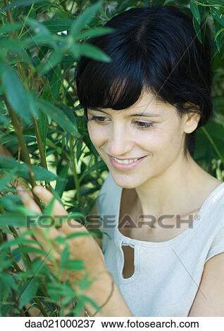 Woman standing in lush foliage, touching branches View Large Photo Image Stock Photo - Woman standing in lush foliage, touching branches. Fotosearch