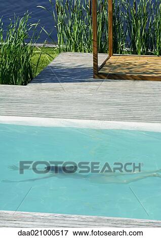 Woman swimming underwater in swimming pool, full length, high angle view View Large Photo Image Stock Photo - Woman swimming underwater in swimming pool, full length, high angle view. Fotosearch