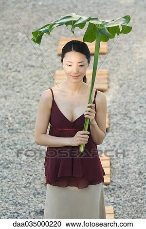 Woman walking in rock garden, holding palm frond over head View Large Photo Image Stock Image - Woman walking in rock garden, holding palm frond over head. Fotosearch