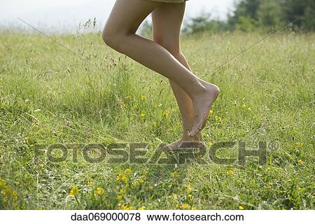 Woman walking on meadow with bare feet, low section View Large Photo Image Stock Photo - Woman walking on meadow with bare feet, low section. Fotosearch