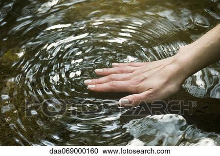 Stock Image - Woman's hand touching surface of water. Fotosearch