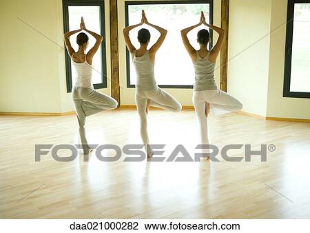 Stock Image - Yoga class doing tree pose. Fotosearch