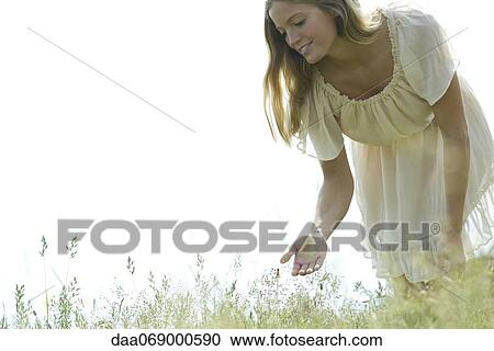 Young woman bending over to touch tall grass View Large Photo Image Stock Image - Young woman bending over to touch tall grass. Fotosearch