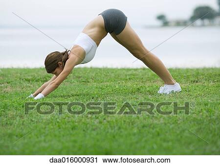 Young woman doing stretching exercises by lakeside View Large Photo Image Stock Image - Young woman doing stretching exercises by lakeside. Fotosearch