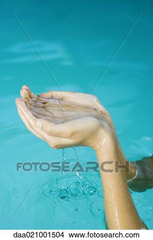 Young woman holding up cupped hands full of water, cropped view View Large Photo Image Picture - Young woman holding up cupped hands full of water, cropped view. Fotosearch