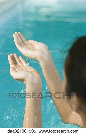 Stock Photography - Young woman holding up cupped hands full of water, cropped view. Fotosearch