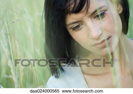 Stock Photography - Young woman in tall grass, looking down, portrait. Fotosearch