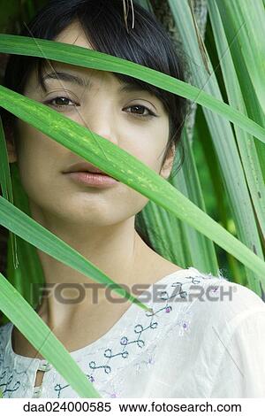Young woman looking through palm leaf at camera, portrait View Large Photo Image Stock Photography - Young woman looking through palm leaf at camera, portrait. Fotosearch