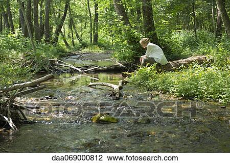 Young woman sitting by river running through woods View Large Photo Image Stock Image - Young woman sitting by river running through woods. Fotosearch
