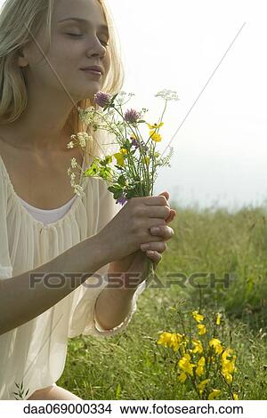 Young woman sitting in field of wildflowers, smelling bouquet View Large Photo Image Picture - Young woman sitting in field of wildflowers, smelling bouquet. Fotosearch