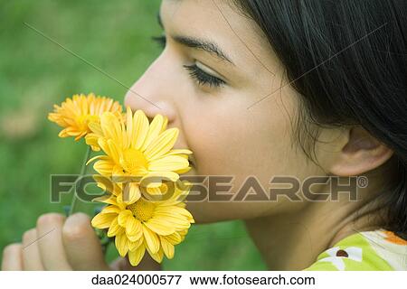 Young woman smelling flowers, looking away, profile View Large Photo Image Stock Photo - Young woman smelling flowers, looking away, profile. Fotosearch