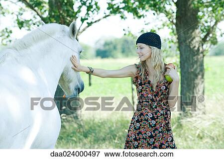 Young woman touching horse, holding apples View Large Photo Image Stock Photo - Young woman touching horse, holding apples. Fotosearch