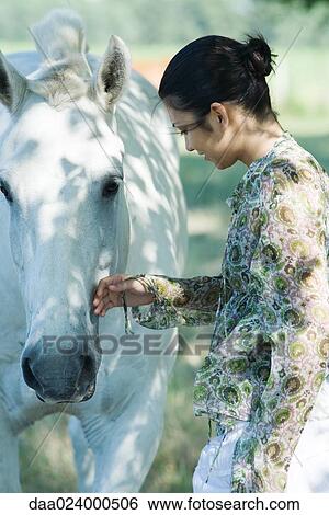Young woman touching horse, side view View Large Photo Image Stock Photograph - Young woman touching horse, side view. Fotosearch
