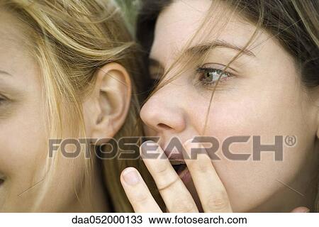 Young woman whispering secret into friend's ear, close-up View Large Photo Image Stock Image - Young woman whispering secret into friend's ear, close-up. Fotosearch