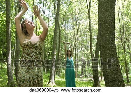 Young women in forest, arms raised toward sunlight View Large Photo Image Stock Photography - Young women in forest, arms raised toward sunlight. Fotosearch