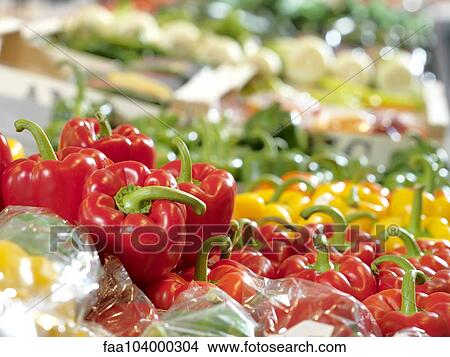 Fresh bell peppers on display at supermarket View Large Photo Image Picture - Fresh bell peppers on display at supermarket. Fotosearch